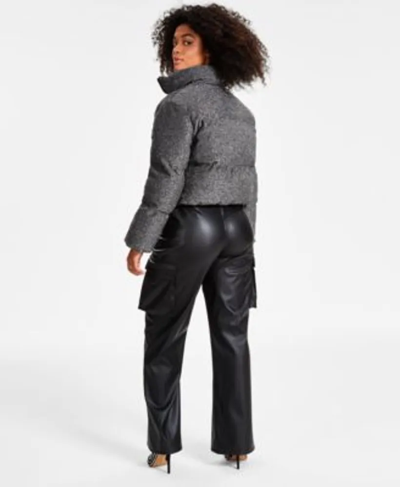 Bar Iii Womens Sparkle Cropped Puffer Jacket Faux Leather Strapless Cargo Pocket Jumpsuit Created For Macys