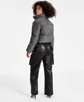 Bar Iii Womens Sparkle Cropped Puffer Jacket Faux Leather Strapless Cargo Pocket Jumpsuit Created For Macys