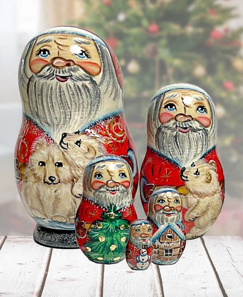 Designocracy Santa with Polar Bears Matryoshka Nesting Hand-Painted Doll Set of 5 by G. DeBrekht