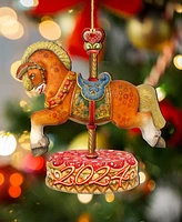 Designocracy Dated Carousel Horse Christmas Wooden Ornaments Holiday Decor Set of 2 G. DeBrekht