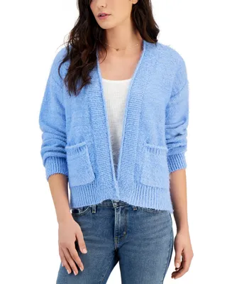 Hooked Up by Iot Juniors' Open-Front Lurex Eyelash-Knit Cardigan