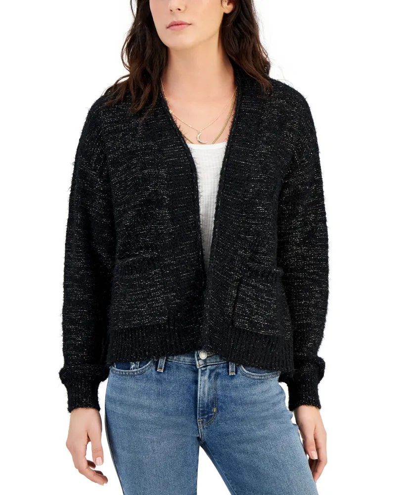Hooked Up by Iot Juniors' Open-Front Lurex Eyelash-Knit Cardigan