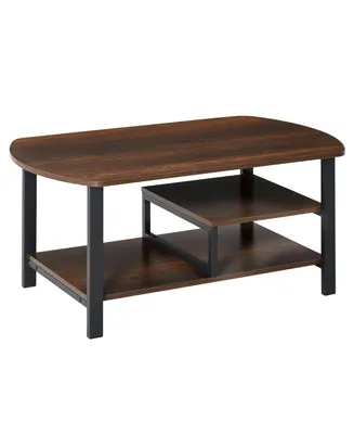 Homcom Vintage Industrial Coffee Table with Under-Top Storage Shelves and Rounded Corners, Dark Wood Color
