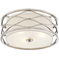 Possini Euro Design Austen Modern Ceiling Light Flush Mount Fixture 16" Wide Brushed Nickel Wavy Frame White Fabric Drum Shade for Bedroom Kitchen Liv