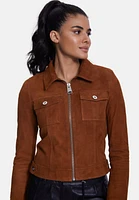 Furniq Uk Women's Denim Style Zipper Suede Jacket, Whiskey