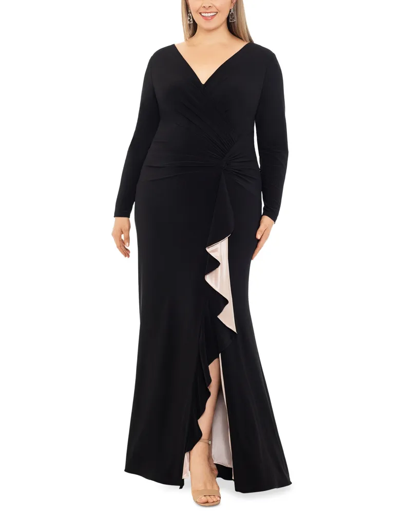 Xscape Plus Size V-Neck Twist-Front Side-Ruffle Gown