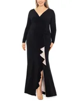 Xscape Plus Size V-Neck Twist-Front Side-Ruffle Gown