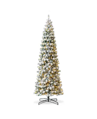 Glitzhome 11' Pre-Lit Flocked Pencil Green Pine Artificial Christmas Pencil Tree with 700 light