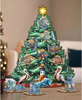 Designocracy Coastal Themed Wooden Christmas Tree with Ornaments Set of 13 G. DeBrekht