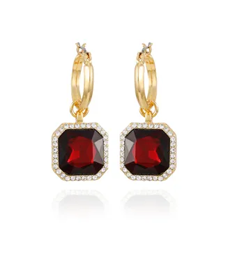 T Tahari Gold-Tone Dark Red Glass Stone Hoop Drop Earrings