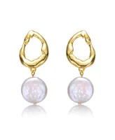 Genevive Sterling Silver 14k Yellow Gold Plated with White Coin Freshwater Pearl Twisted Halo Circle Dangle Drop Earrings