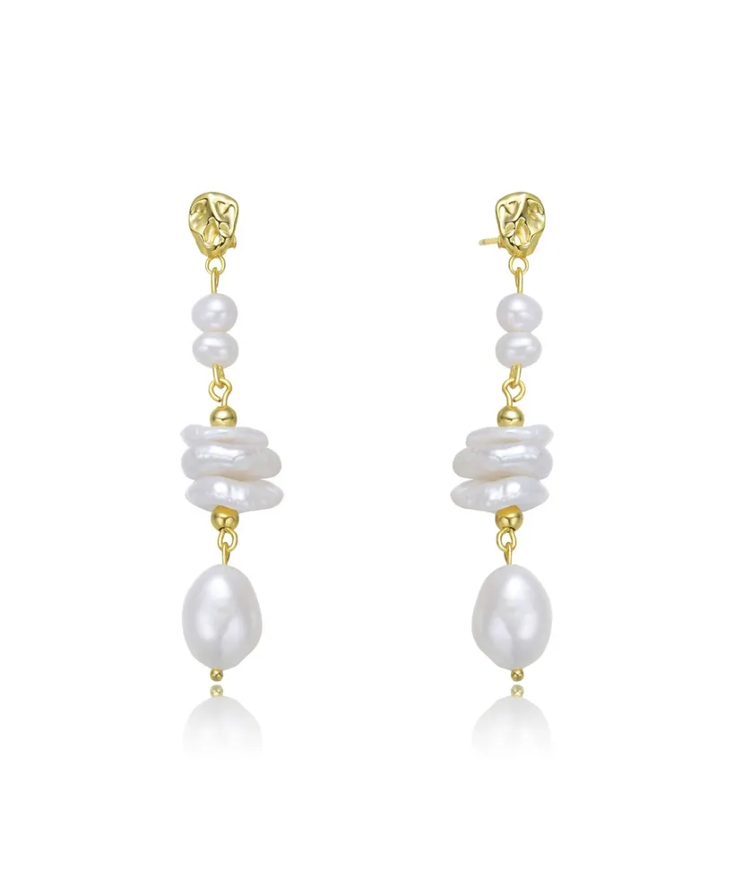 Genevive Stylish Sterling Silver 14K Gold Plating and Genuine Freshwater Pearl Dangling and Drop Earrings
