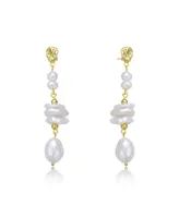 Genevive Stylish Sterling Silver 14K Gold Plating and Genuine Freshwater Pearl Dangling and Drop Earrings