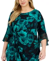 Connected Plus Side-Ruched Ruffled-Sleeve Dress