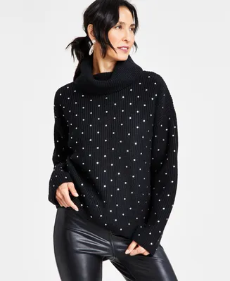 I.n.c. International Concepts Women's Metallic-Knit Studded Turtleneck Sweater, Created for Macy's