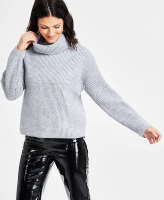 I.n.c. International Concepts Women's Metallic-Knit Studded Turtleneck Sweater, Created for Macy's