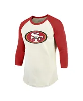 Men's Majestic Threads Christian McCaffrey Cream, Scarlet San Francisco 49ers Player Name and Number Raglan 3/4-Sleeve T-shirt