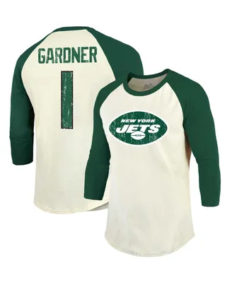 Men's Majestic Threads Ahmad Sauce Gardner Cream, Green New York Jets Player Name and Number Raglan 3/4-Sleeve T-shirt