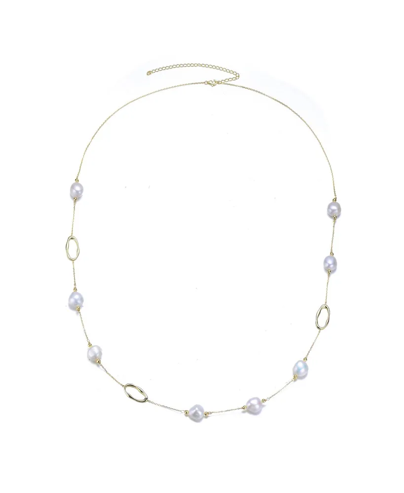 Genevive Classy Sterling Silver 14K Gold Plating and Genuine Freshwater Pearl Station Necklace