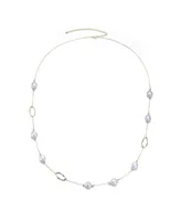 Genevive Classy Sterling Silver 14K Gold Plating and Genuine Freshwater Pearl Station Necklace
