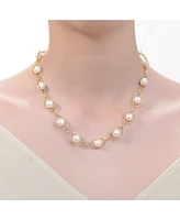 Genevive Sterling Silver 14K Gold Plated Genuine Freshwater Pearl and Cubic Zirconia Link Adjustable Necklace