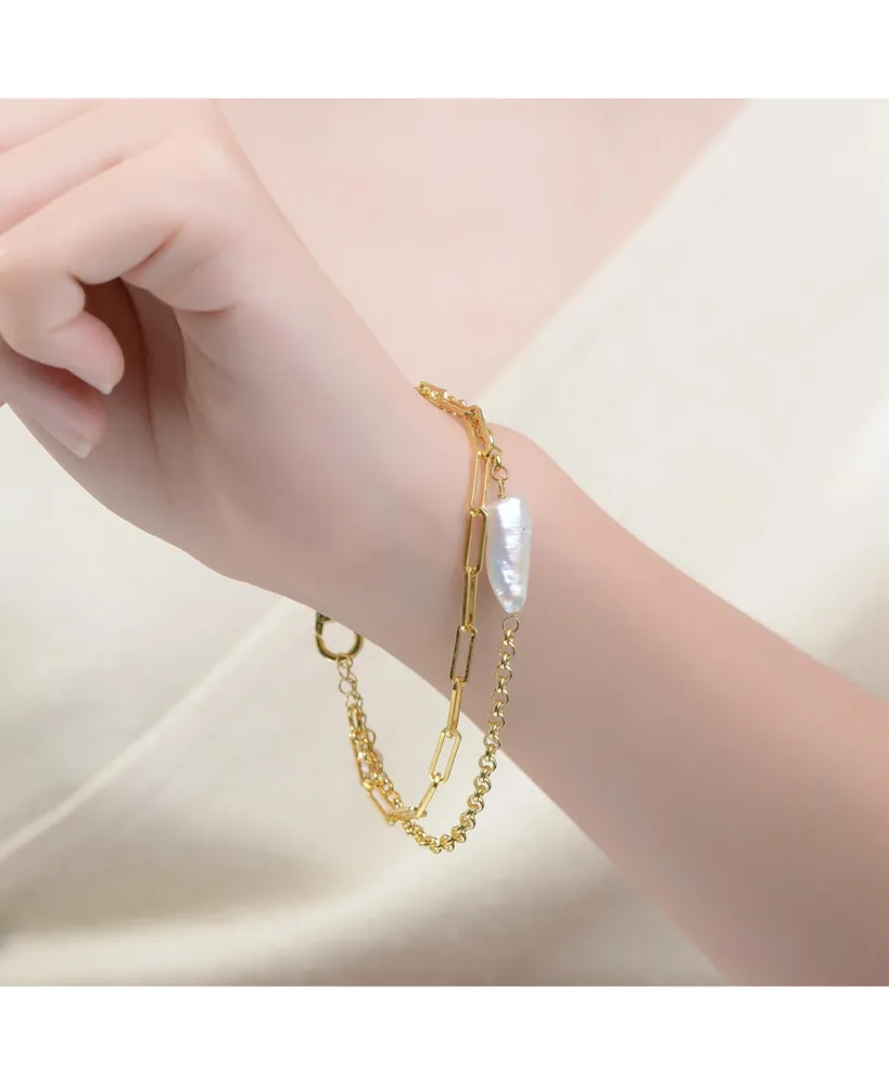 Genevive 14k Yellow Gold Plated with Free-Form Genuine Freshwater Pearl Cable Rolo Chain Double Layer Bracelet in Sterling Silver