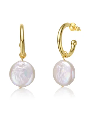 Genevive Sterling Silver 14k Yellow Gold Plated with White Coin Freshwater Pearl Drop C-Hoop Earrings