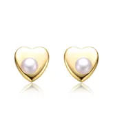 Genevive Sterling Silver 14k Yellow Gold Plated with White Freshwater Pearl Heart Stud Earrings