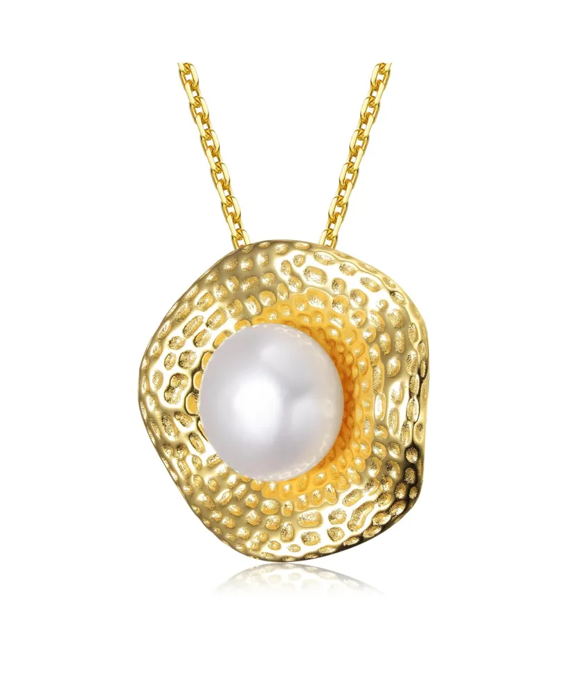 Genevive Sterling Silver 14K Gold Plated with Genuine Freshwater Pearl Hammered Pendant Necklace
