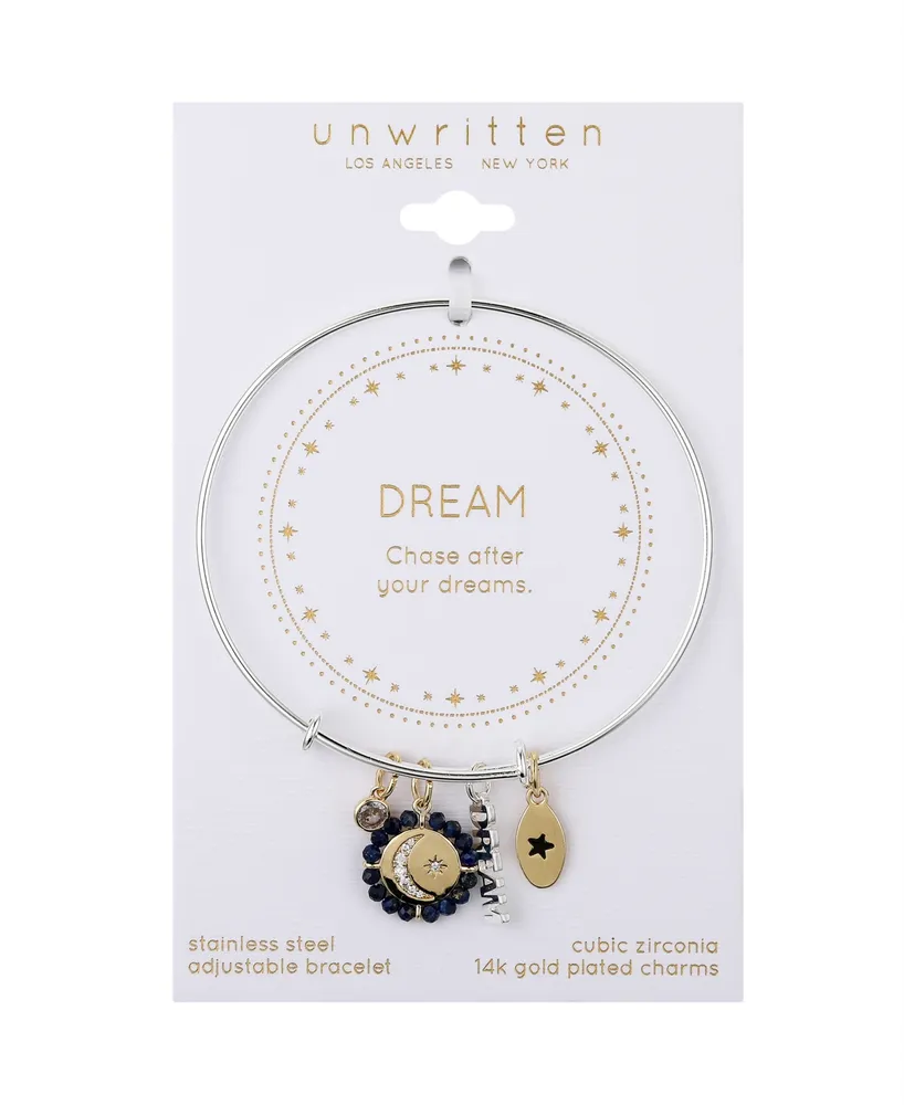 Unwritten Cubic Zirconia Moon and Star Silver Plated "Dream" 14K Gold Plated Charm Bangle Bracelet