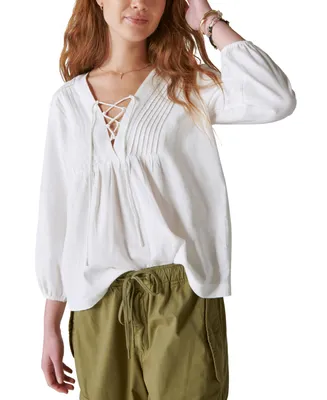 Lucky Brand Women's Lace Up Peasant Blouse