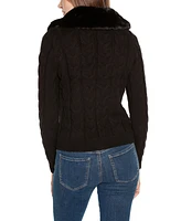 Belldini Women's Black Label Faux Fur Collared Cable Cardigan Sweater