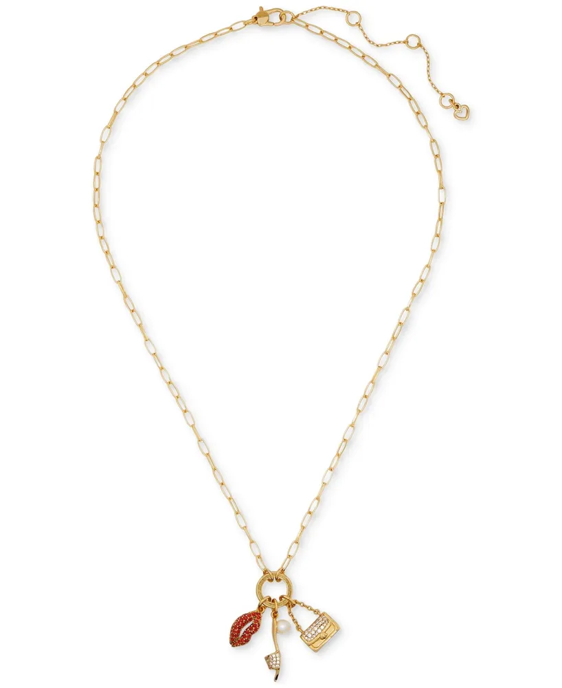 Kate Spade New York Gold-Tone Imitation Pearl & Crystal Night Out Motif Charm Pendant Necklace, 16 + 3" extender