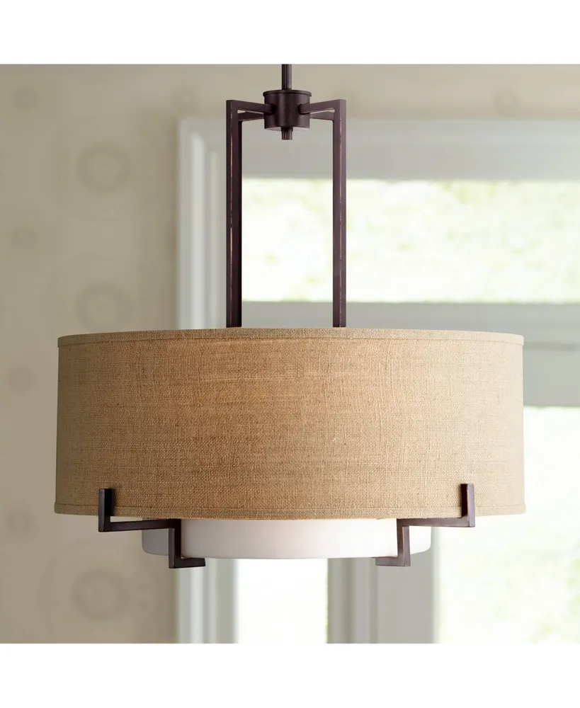 Concentric Bronze Pendant Chandelier Lighting 25" Wide Farmhouse Rustic White Glass Burlap Drum Shade 4