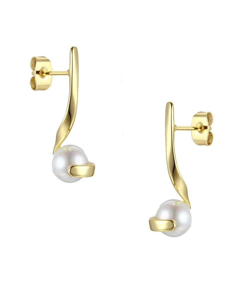 Genevive Sterling Silver with Freshwater White Pearl Ribbon Swirl Dangle Drop Earrings