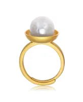Sterling Silver 14K Gold Plated with Genuine Freshwater Pearl Adjustable Ring