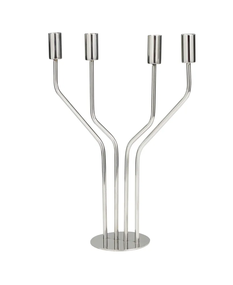 The Novogratz Silver Stainless Steel Metal Geometric Abstract Angled Candelabra with Round Base, 11" x 4" x 13"