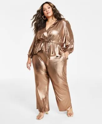 Nina Parker Trendy Plus Size Metallic Wrap Top Pants