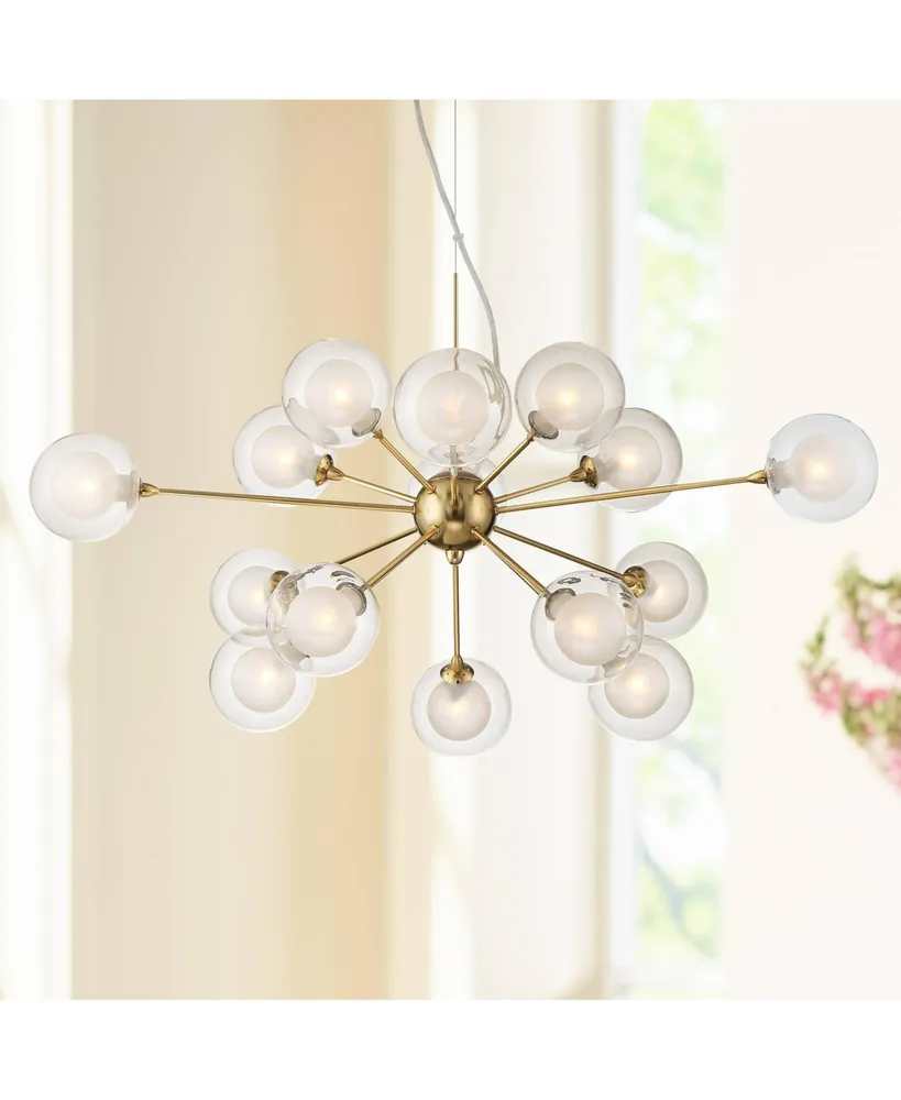 Possini Euro Design Spheres Antique Brass Sputnik Pendant Chandelier 30" Wide Mid-Century Modern Clear Outer Frosted Inner Glass 15