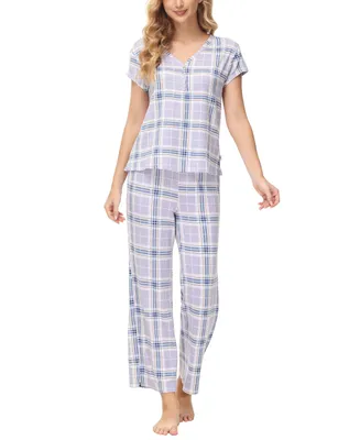 Echo Women's 2 Piece Printed Short Sleeve Henley Top with Wide Pants Pajama Set