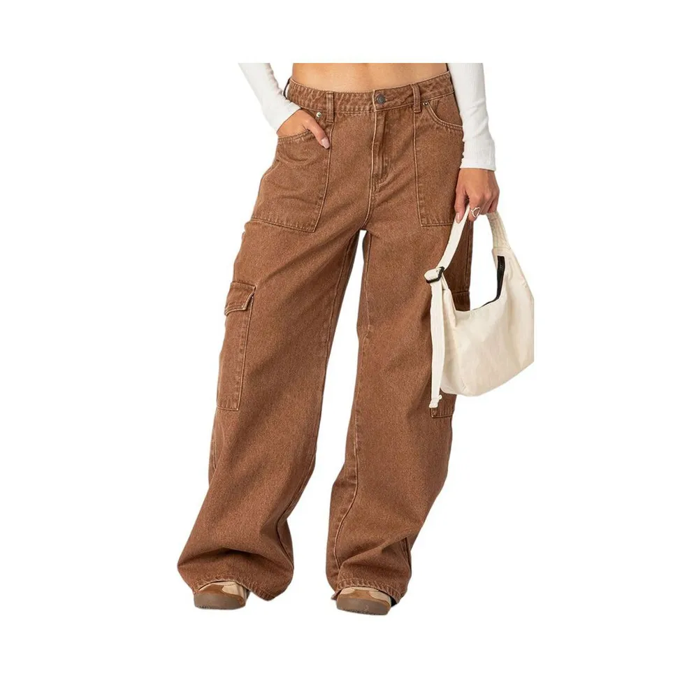 Women's Stone wash mid rise cargo pants - Brown