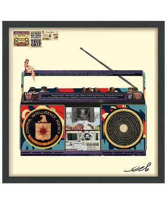 Empire Art Direct "Cia Boombox" Hand-made dimensional art collage, under glass, encased on a black shadow box frame, 25" x 25" x 1.4" - Multi