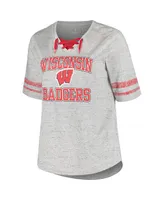 Women's Profile Heather Gray Distressed Wisconsin Badgers Plus Size Striped Lace-Up T-shirt