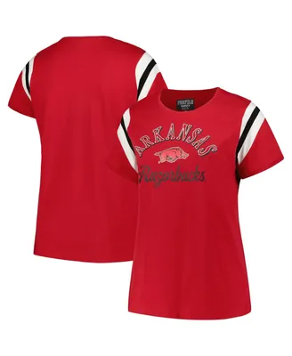 Women's Profile Cardinal Arkansas Razorbacks Plus Size Striped Tailgate Crew Neck T-shirt