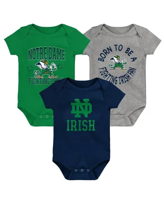 Newborn and Infant Boys and Girls Navy, Green, Heather Gray Notre Dame Fighting Irish 3-Pack Born To Be Bodysuit Set