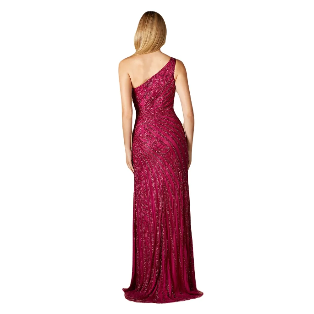 Lara Women's One-Shoulder Beaded Gown with Slit