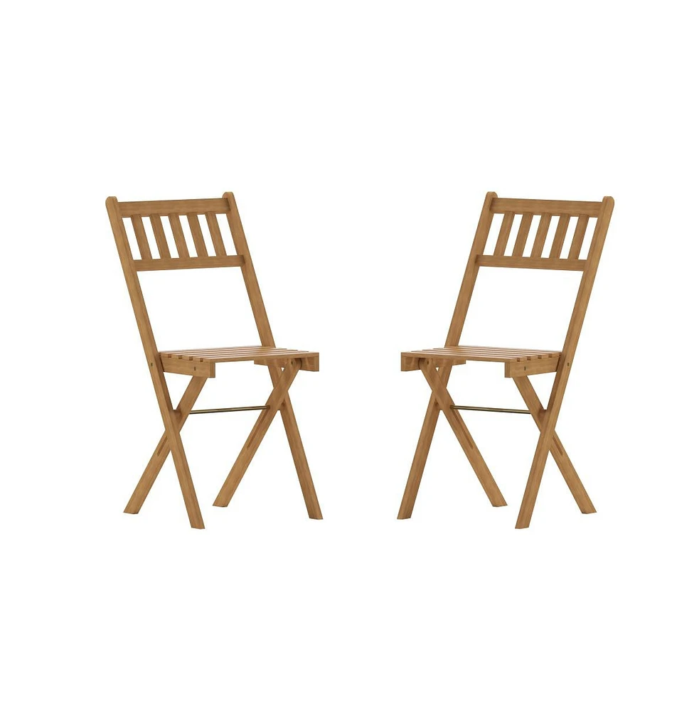 Merrick Lane Stora Set Of 2 Solid Acacia Wood Armless Folding Patio Bistro Chairs With Slatted Backs And Seats