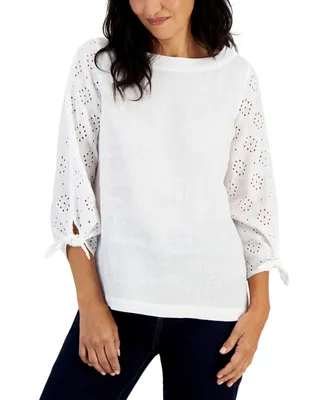 Charter Club Petite 100% Linen 3/4-Sleeve Solid Linen Top, Created for Macy's