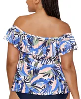 Raisins Curve Trendy Plus Size Tortuga Ruffled Off-The-Shoulder Tankini Top