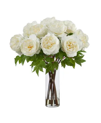 Nearly Natural 22" Artificial Peony Arrangement with Cylinder Glass Vase